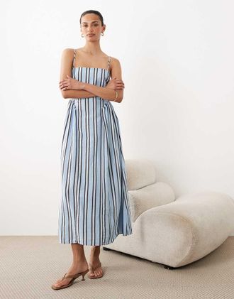 New Look Vestito midi con spalline sottili blu a righe
