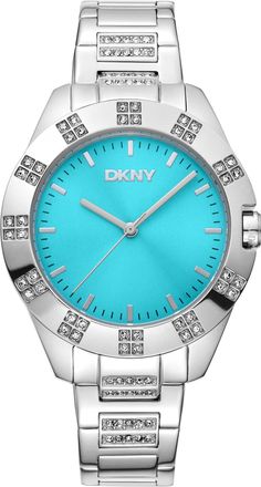 DKNY Women Watch, Silver Color Case, Blue Dial, Stainless Steel Metal Bracelet, 3 Hands, 5 ATM