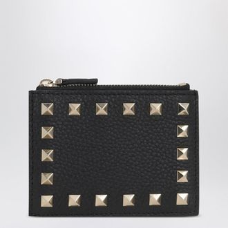 Valentino Garavani Rockstud Zipped Card Holder In Black Leather