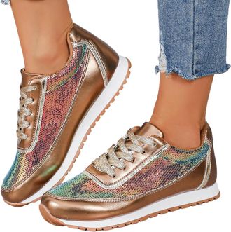 Generic Sequin Shoes For Women Uk Non Slip Comfortable Shoe Casual Lace Up Sport Sneakers Breathabl Ladies Running Shoes For Wedding Party Dancing Round Toe G