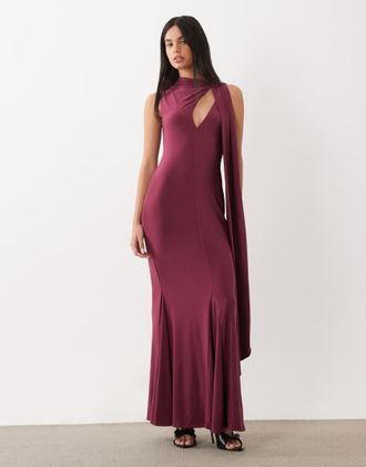 Asos vestito maxi modellante con dettaglio foulard in prugna-Viola