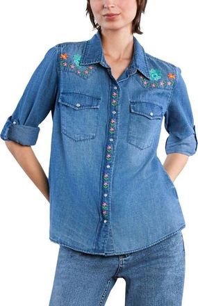 BILLY T Two Step Floral Embroidered Denim Snap-Up Shirt at Nordstrom, Size X-Large