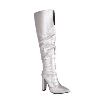 Generic Womens Pull on Slouch Long Boots Pointed Toe PU Leather Over The Knee Boots Chunky High Heel Thigh High Boot,Silver,3.5 UK
