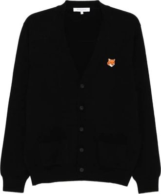 Maison Kitsun&eacute; Black V-Neck Logo Patch Cardigan