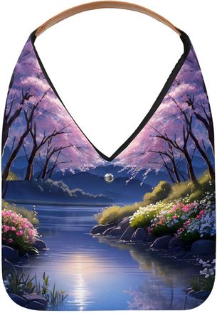 Generic Moonlight River Flowers Reusable Lightweight Grocery Bags - Foldable Into Compact Pouch, Washable & Sturdy, Multipurpose for Shopping and Travel