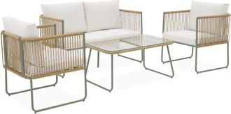 Sweeek Conjunto de muebles de jard&iacute;n, rat&aacute;n y acero de 4 plazas, verde kaki