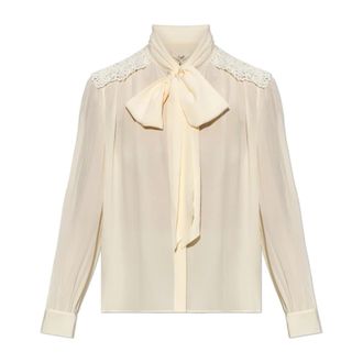 Chlo&eacute; Shirts, female, Beige, Size: 2XS Silk Blouse with Lace Insert on the Shoulders