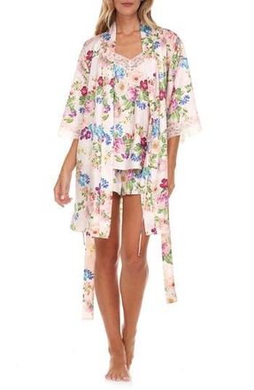 Flora Nikrooz Sabrina Floral Print Satin Short Pajamas & Robe Set in Blush at Nordstrom Rack, Size X-Small