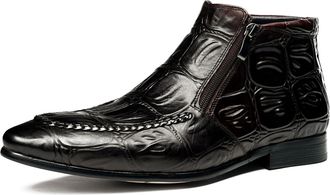 Generic Mens Pointed Toe Short Boots with Side Zipper Low Block Heel Ankle Boots Patent Leather Formal Booties,Brown,8.5 UK