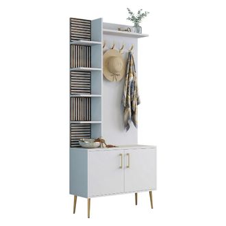 Dmora Mueble De Entrada Loceri, Perchero, 13 Estantes, Puerta Abatible, 90x35x200h Cm Blanco