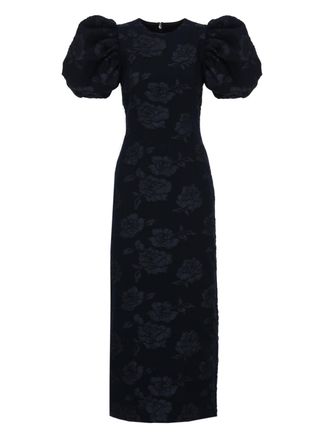 Rotate Jacquard Floral Midi Dress with Balloon Sleeves