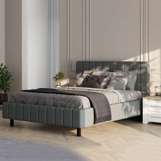 Dmora Cama Matrimonial Exmouth, Cama Matrimonial Tama&ntilde;o Colch&oacute;n 160x200 Cm, Cabecero Y Base Acolchados, Tapizada, Gris