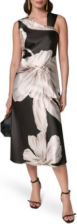 DKNY Floral Asymmetrical Midi Dress in Black Multi at Nordstrom, Size 10