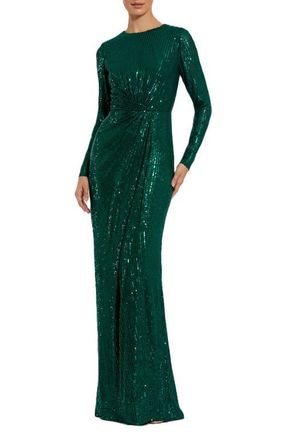 Mac Duggal Sequin Long Sleeve High Neck Column Gown in Emerald at Nordstrom, Size 14