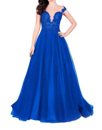 Terani Couture Off-The-Shoulder Lace Prom Dress In Royal/nude