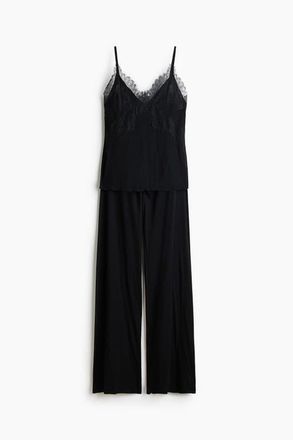 H&M Lace-trimmed Jersey Pyjamas in Black at Nordstrom, Size Xx-Small