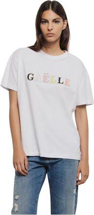 Ga&euml;lle Paris Geborduurde Jersey T-shirt met Ronde Hals - Dames - T-shirts - Wit - M - Katoen - Tops