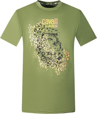 Cavalli Mens Leopard Print Silhouette Green T-Shirt Cotton - Size X-Large