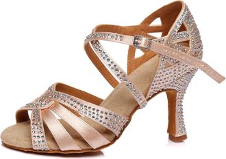Minitoo Womens Latin Ballroom Crystals Dance Shoes Wedding Sandals L408 Nude 8.5cm Heel UK 2.5
