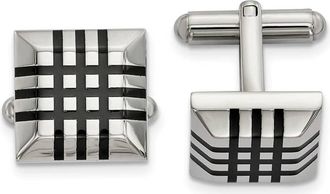 Diamond2Deal Stainless Steel Polished with Black Rubber Stripes Cufflinks