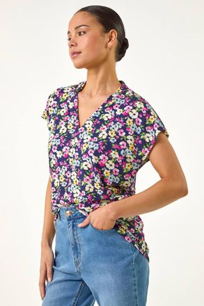 Roman Floral V-Neck Stretch Top