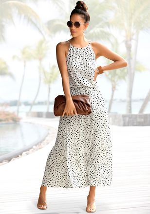 Buffalo Maxikleid BUFFALO, Damen, Gr. 34, N-Gr, weiss (wei&szlig;, bedruckt), Jersey, Obermaterial: 100% Viskose, gepunktet, figurumspielend kn&ouml;chellang, amerikanis