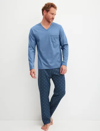 CALIDA Schlafanzug CALIDA Relax Imprint 2, Damen, Gr. XXL (58/60), coronet blau, Single Jersey, Obermaterial: 100% Baumwolle, bequem lang, V-Ausschnitt, Home