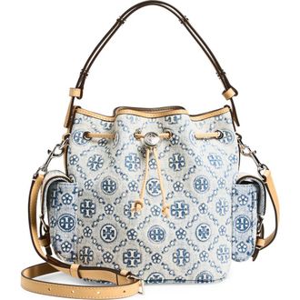 Tory Burch T Monogram Denim Bucket Bag in Powder Blue at Nordstrom