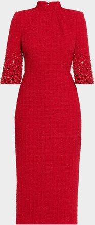 Badgley Mischka Mock-Neck Beaded Shimmer Tweed Midi Dress