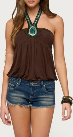 Edikted Polie Beaded Bubble Halter Top in Brown at Nordstrom, Size X-Small