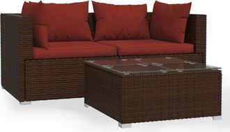 vidaXL Set Muebles De Jard&iacute;n 3 Piezas Y Cojines Rat&aacute;n Sint&eacute;tico Marr&oacute;n Vidaxl