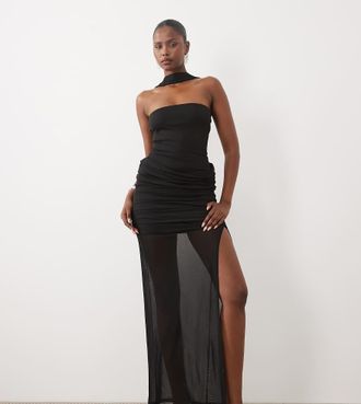 the frolic esclusivo vestito maxi in chiffon con dettaglio choker, bandeau, orlo asimmetrico e spacco laterale sulla coscia, nero