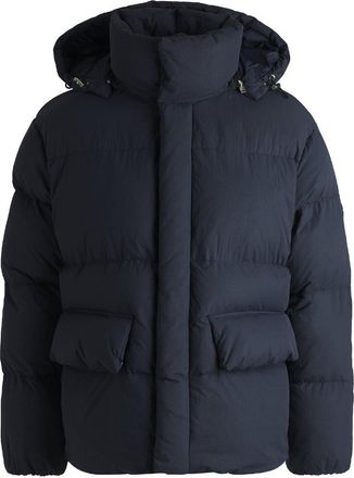 HUGO BOSS Mens Celvie Hooded Snap Button Solid Patterned Puffer Jacket in Dark Blue - Size 42 (Chest)