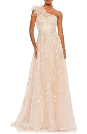 Mac Duggal Embellished One-Shoulder A-Line Gown with Feather Accent in Peach at Nordstrom, Size 16