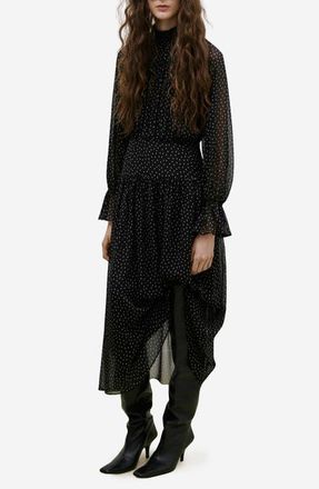 Mango Polka Dot Long Sleeve Midi Dress in Black at Nordstrom, Size 10