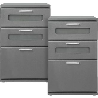 ML Design ML-Design Set 2 Comodini con 3 Cassetti Inserto in Vetro 40 x 60 x 38 cm in Legno Grigio Cassettiere Tavolini da Notte Armadietti per Arredo Camera