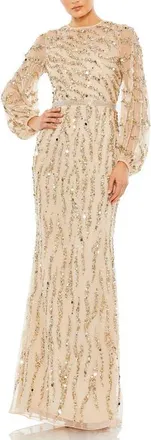 Mac Duggal Embellished High Neck Puff Sleeve Trumpet Gown in Nude Gold at Nordstrom, Size 14