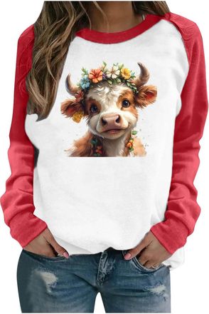 Generic Womens Sweatshirts Cute Highland Cow Print Long Sleeve T Shirts Women UK Sale Clearance Funny Graphic Pullover Crew Neck Loose Sweater Patchwork Tees 