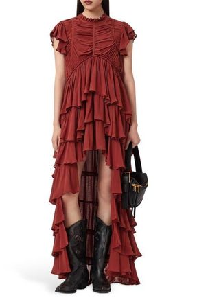 AllSaints Shaela Tiered Ruffle High-Low Dress in Paprika Red at Nordstrom, Size 4 Us