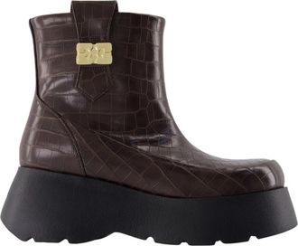 Ganni Bruine Croco Enkellaarzen - Leer - Dames - Enkellaarsjes - Bruin - 36 EU - Leer - Schoenen