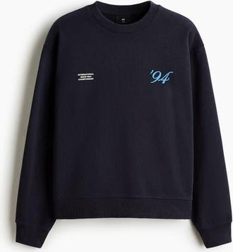 H&M Loose Fit Printed Sweatshirt in Dark Blue/intl. 94 at Nordstrom, Size Xxx-Large