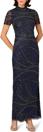 Aidan Mattox Beaded Short Sleeve Gown in Navy at Nordstrom, Size 16