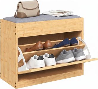 HOMCOM Homcom Banco Zapatero, Banco Recibidor Con Asiento Acolchado, Caj&oacute;n Abatible, Puerta De Rat&aacute;n, Estante Ajustable, 63x29x48 Cm, Natural Y Gris