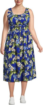 Lands End Plus Size Creaseless Scoop Neck Smocked Midi Dress in Lapis Blue Floral Tropic at Nordstrom, Size 3X