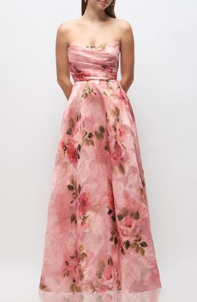 The Dessy Group Alden Floral Jacquard Strapless Organza Gown in Guava Floral Print at Nordstrom, Size 14