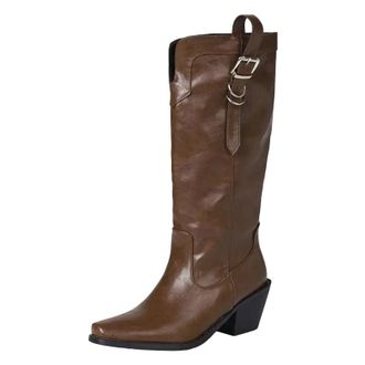 Generic Womens Elegant Mid Calf Boots Square Toe High Thick Heel With Platform Slip On Design And Decorative Belt Buckle