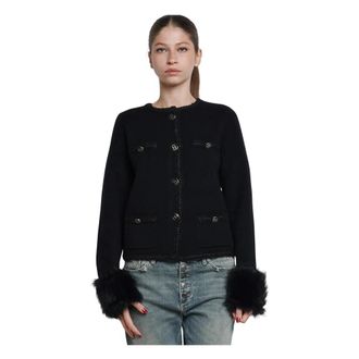 Twinset Cardigans, female, Black, M, Cardigan con polsini in pelliccia staccanile