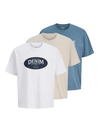 Jack & Jones T-Shirt JACK & JONES JJEDOVER DENIM TEE SS O-NECK 3PK MP, Herren, Gr. XXL, blau mirage pack:blau mirage, moonbeam, wei&szlig;, Jersey, Obermaterial: 100% Ba