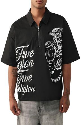 True Religion Tiger Half Zip Shirt in Jet Black at Nordstrom, Size Xxx-Large