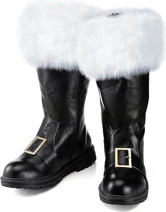 Generic Christmas Santa Claus Boots for Men UK, Solid-Colour Mid-Calf Boots with White Plush & Side-Zip Wide Calf Combat Christmas Boot Fancy Dress Costume Fo